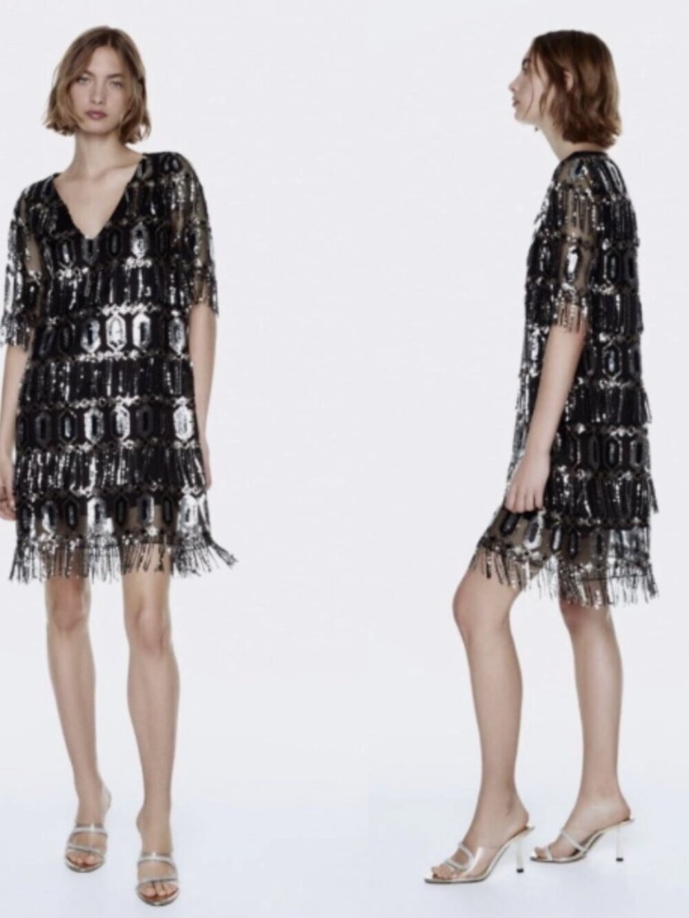 ZARA Black Sequin Fringe Dress with Rose Gold and Silver Accents Size L new